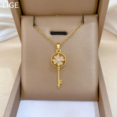 Titanium Steel Rotating Lucky Key Light Luxury Temperament Gorgeous Full Diamond Necklace Female Versatile Collarbone Chain Titanium Steel Chain