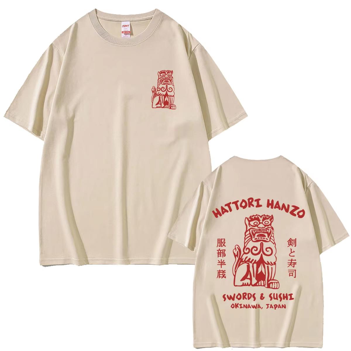 Quentin Tarantino Film Kill Bill Hattori Hanzo ROTE Schwerter und Sushi Okinawa Japan Merch T-Shirt Herren Lässige Oversize-T-Shirts S weiß