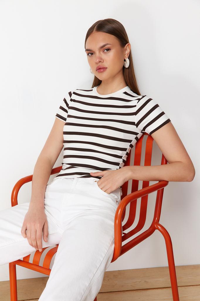 Women's Fashion New Blouse Brown Striped Viscose Soft Fabric Fitted Knitted Blouse