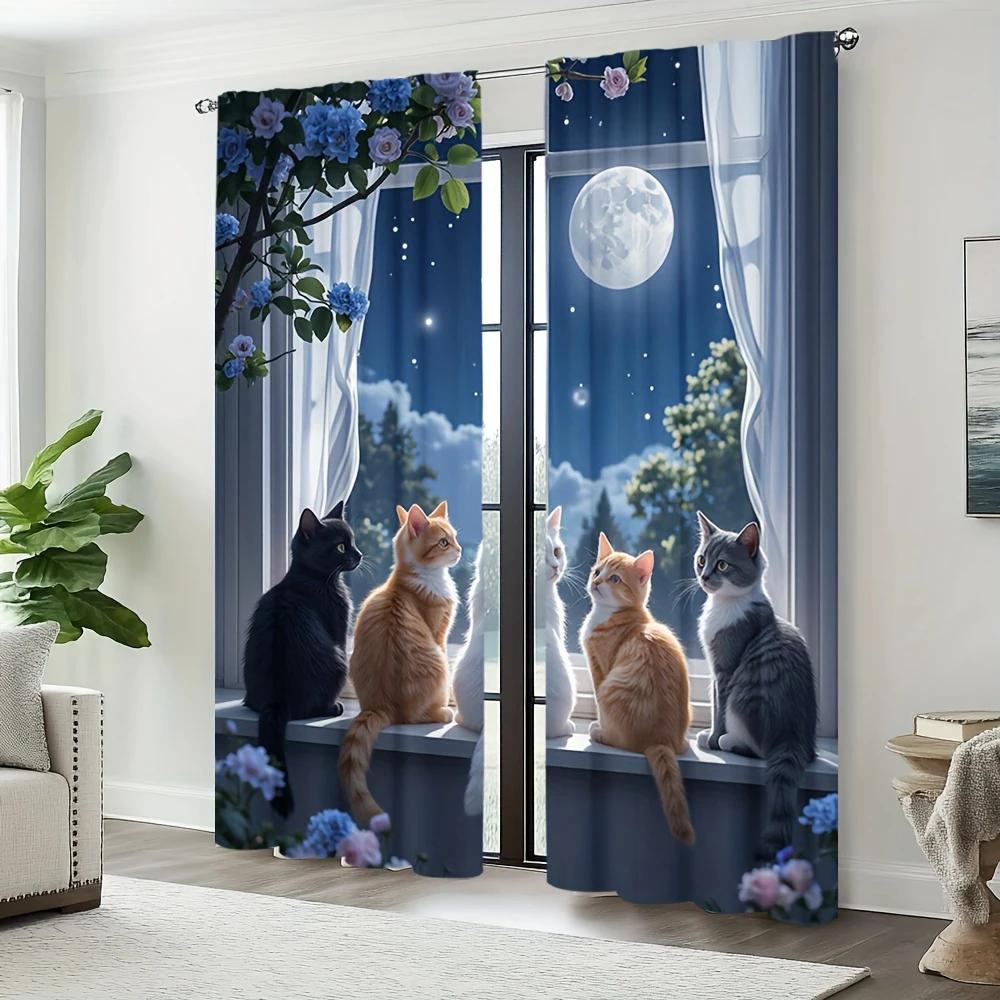 Flat Printed Dreamy Cat Printed Curtains, Pole Bag Curtains, Bedroom and Living Room, Home Decoration, Room Decoration