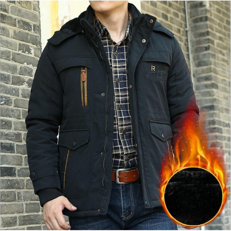 Winter Medium and Long Cotton-padded Jacket with Fleece Thermal Casual Jacket Men's Clothing