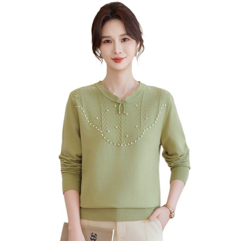 Spring and Autumn New Mom Fashion Knitted Sweater Medium and Old Women's Crew Neck Diamond Sweater Bottom Shirt