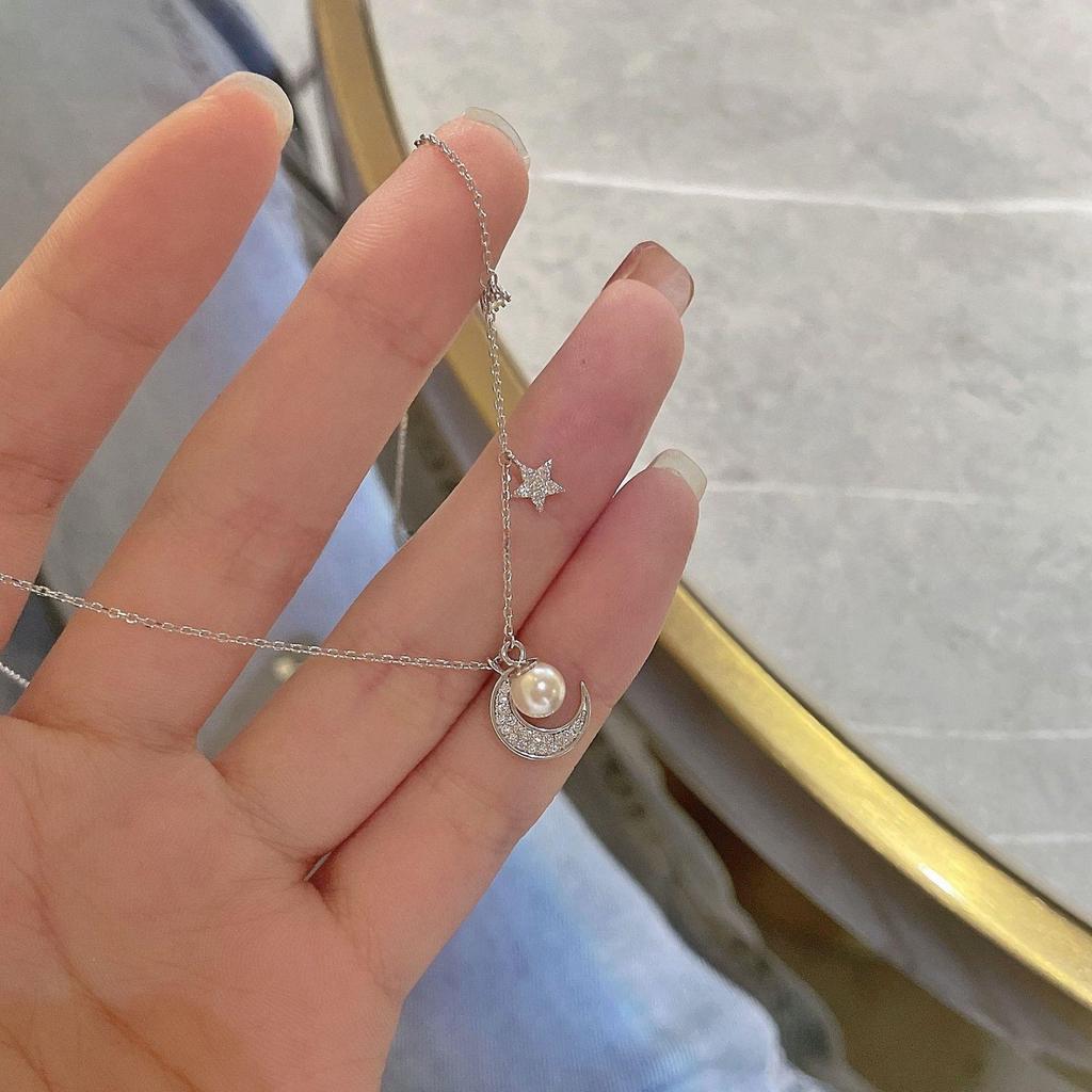 S925 Sterling Silver Moon & Star Pearl Necklace - Niche Design Clavicle Chain Jewelry Gift for Girlfriend