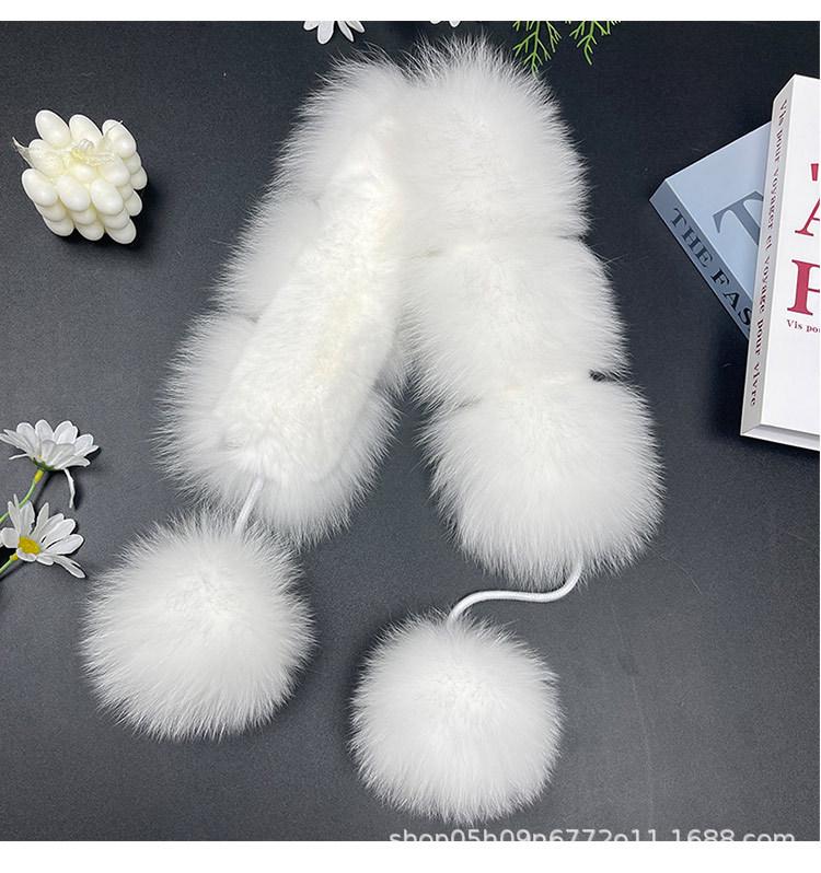 Korean Style Double-Sided Fox & Rabbit Fur Scarf with Pompons for Women