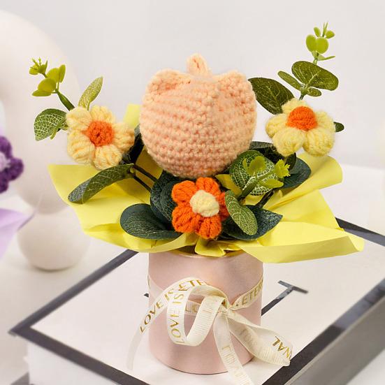 Crochet Flower Bouquet Handmade Artificial Knitted Bouquet Fake Sunflower Carnation Tulip Puff Flowers Gifts for Mother Wife On Birthday Anniversary