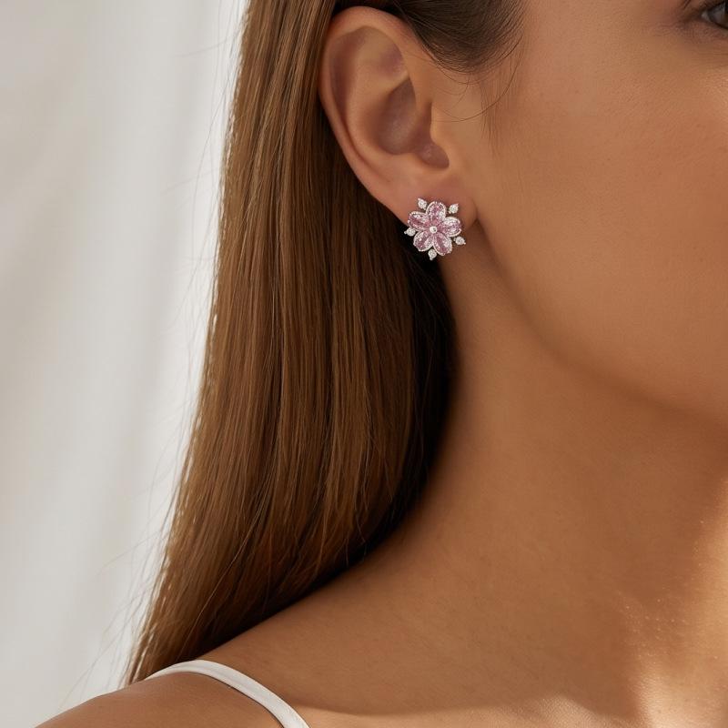 Pink Zircon Earrings Women's Simple and Small Ear Jewelry Light Luxury High-end Versatile Earrings