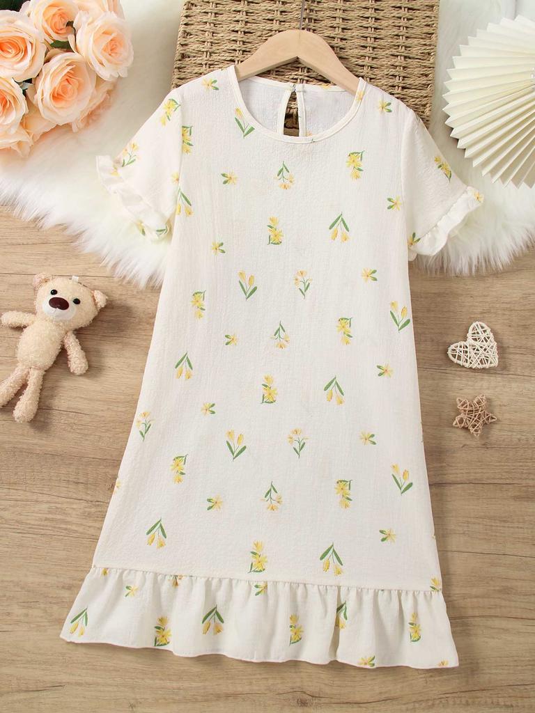Vestido de Verano Blanco Crudo para Niñas, Cómodo y Suave, Corte A, Manga Corta, Vestidos para Niños