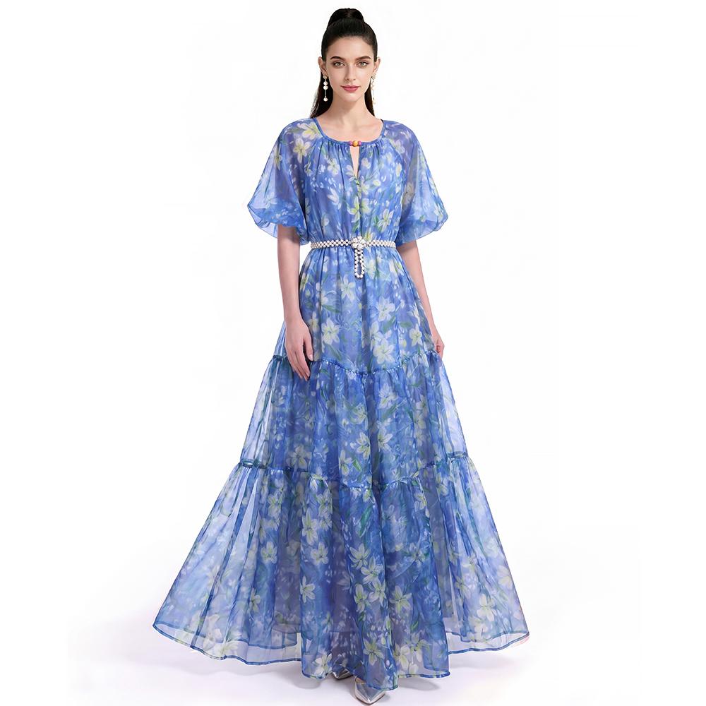 Summer Holiday Vacation Flower Print Long Maxi Dress Bohemian O-neck Short Sleeve High Waisted Chiffon Party Dresses Casual Robe