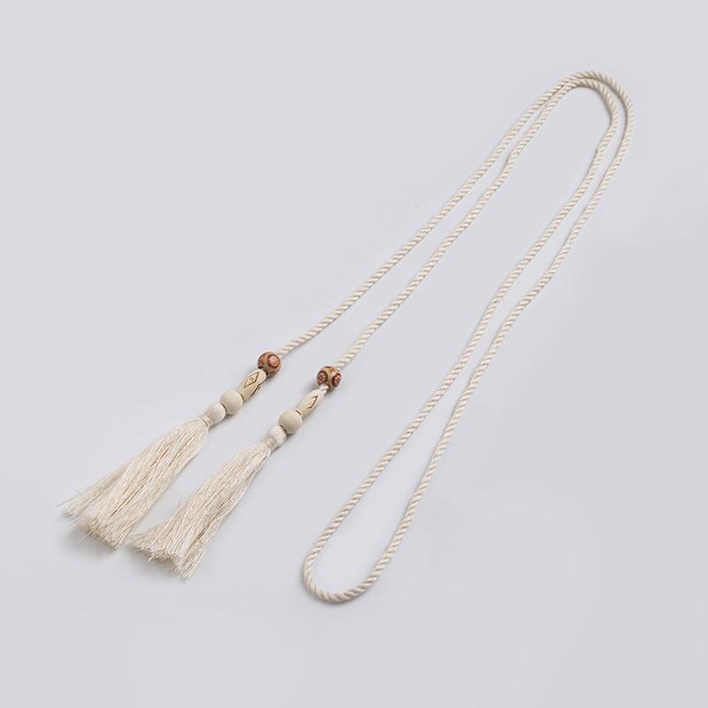 Ethnic Style Cotton Linen Waist Rope With Wooden Beads And Tassels For Casual Wear