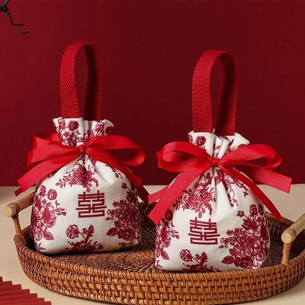 5pcs Chinese Style Drawstring Bag Flowers Gift Packing Bag Fashion Wrist Hand Bag Female/Girls