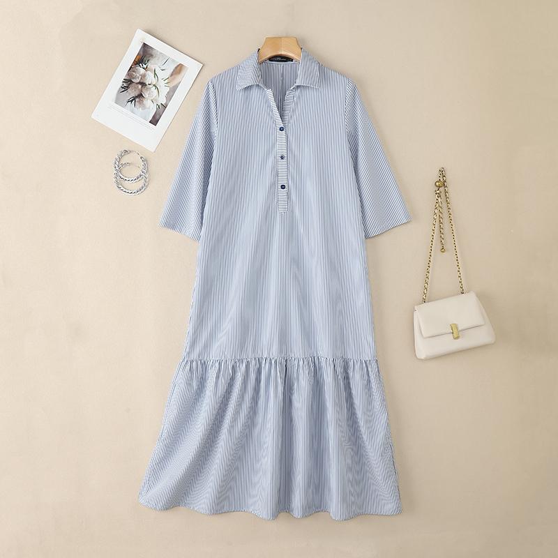 ZANZEA Women Casual Turn Down Collar Loose 3/4 Sleeve Stripe Long Dress