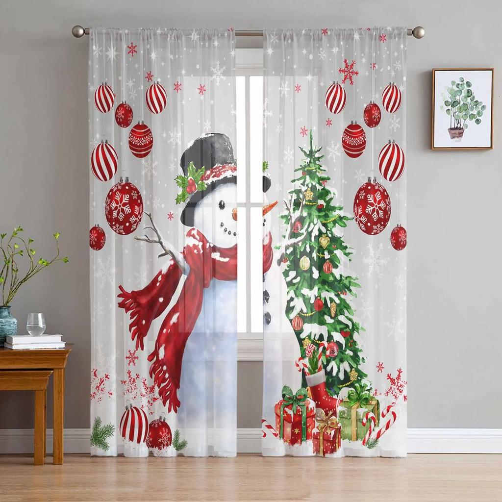 Christmas Snowman Pine Branch Sheer Curtains for Living Room Decoration Window Curtains Kitchen Tulle Voile Curtains