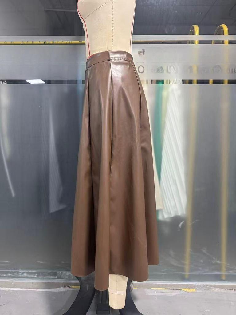 Miu Style Brown A-Line Leather Skirt - Women's Slim Fit for Autumn/Winter