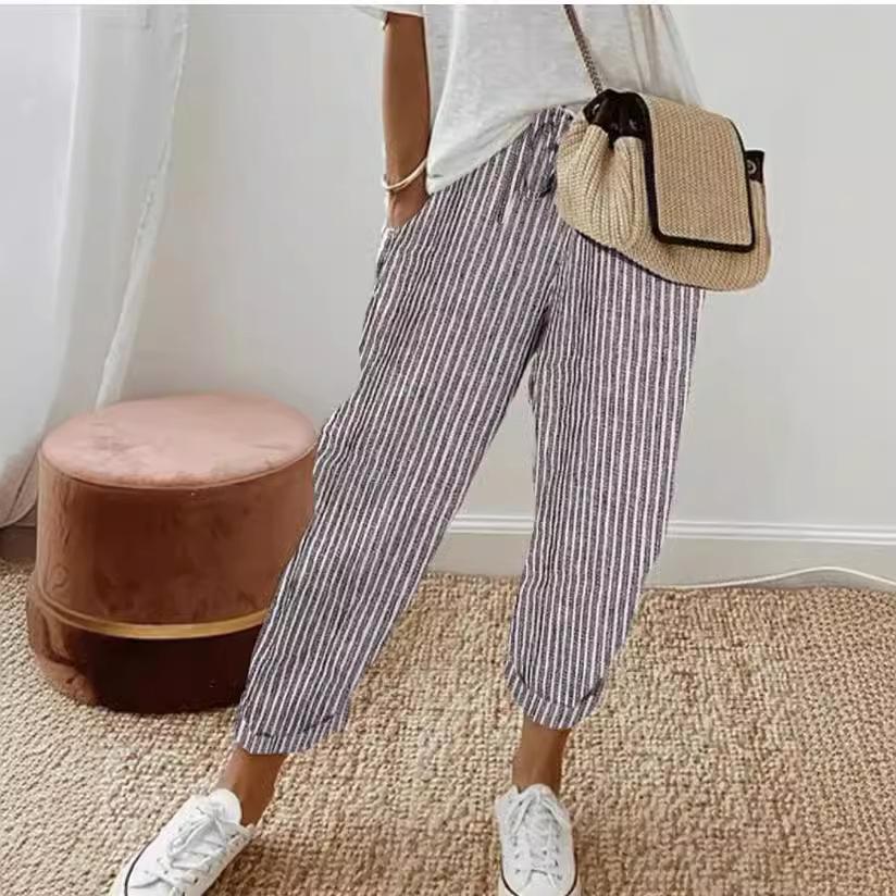 

2026 Summer Women s Casual Pants Striped Printed Loose Trousers Vintage Ankle-Length Wide Leg Waist Adjustable Drawstring S сірий