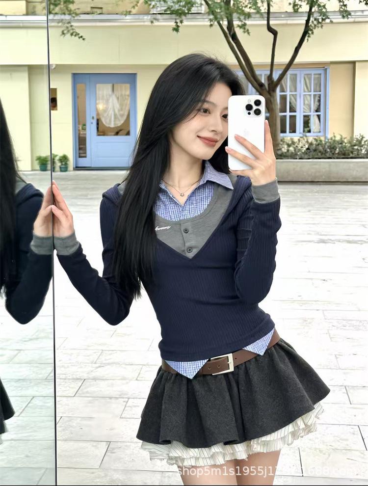 2026 Early Spring Women s Mesh Patchwork Layered A-line Skirt with Belt Large серый