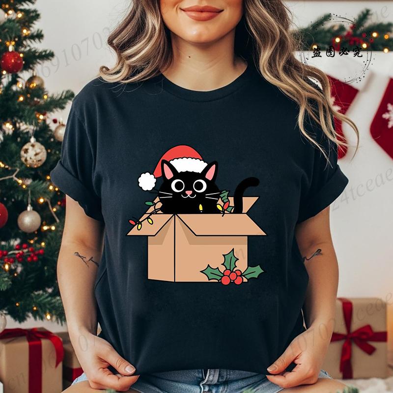 Kitten Xmas Tree Unisexs Casual TShirt Black Cat Christmas Graphic Print TShirts Tops Meowy Xmas Lights Novelty TShirt Tops