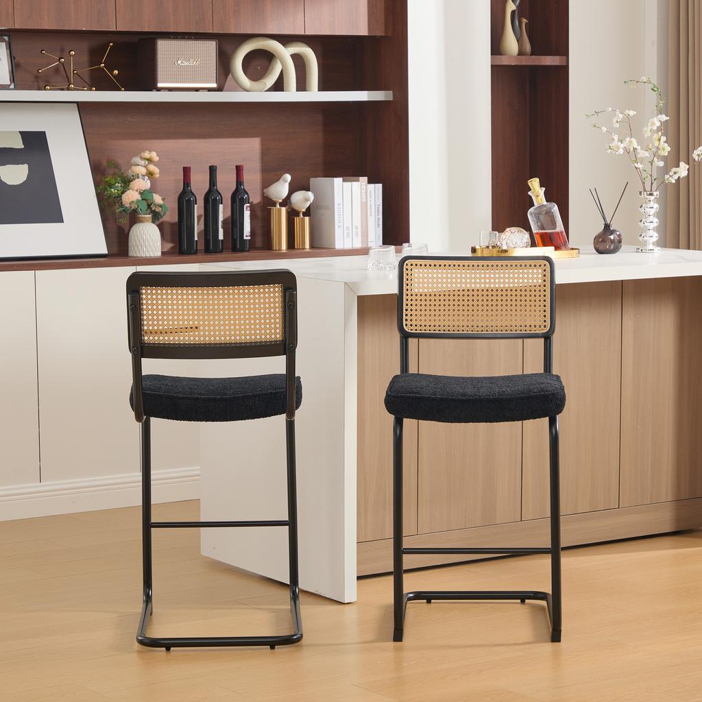 Modern Bar Stool, High-Gloss Design, 2 Chairs per Pack, Chenille Fabric Seat, No Armrests, Backrest with Rattan Look, Coated Metal Legs.-Black