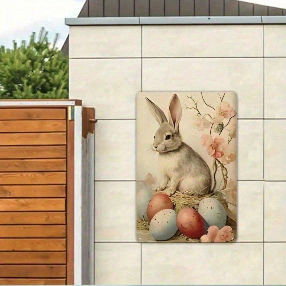 Vintage Easter Bunny Metal Sign Rustic Spring Farmhouse Wall Art Cute Rabbit Garden Hanging Holiday Decor