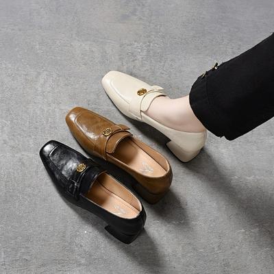 Square Head Thick Heel Light Mouth Single Shoes Women's Spring and Summer Retro Flower Small Leather Shoes Comfortable High Heel Women's Work Shoes
