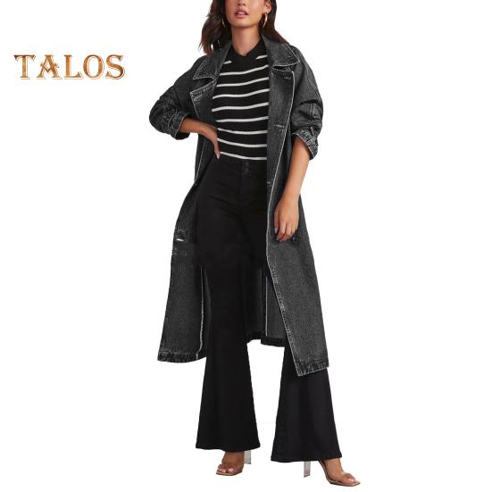 Women Denim Jacket Double-breasted with Side Pockets Lace-up Tie Waist Mid Length Solid Color Turn-down Collar Overcoat Streetwear Outdoor