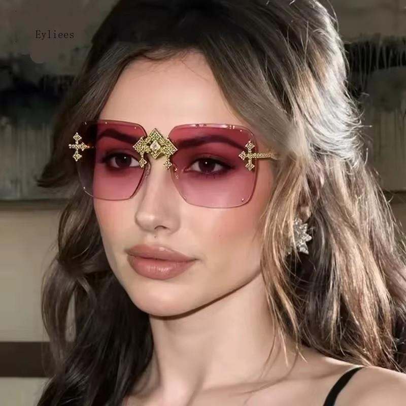 Vintage Rimless Square Cutting Lens Sunglasses Women For Men Luxury  Designer Popular Punk Fashion Diamond Cross Shades