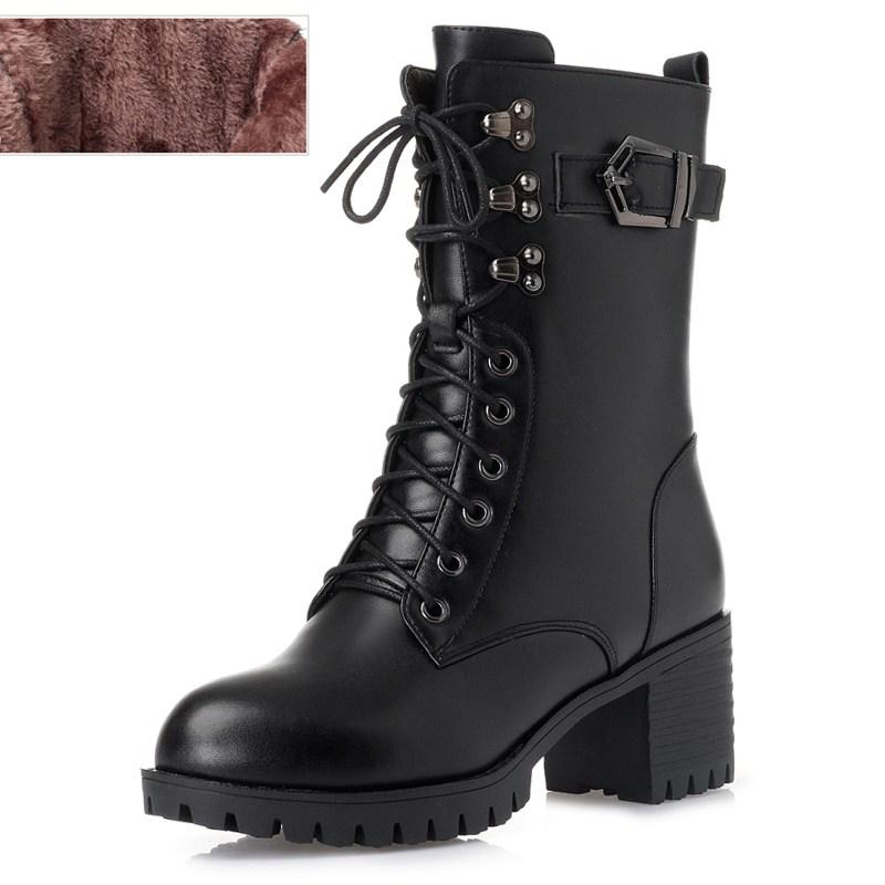Fashion AIYUQI 2025 Genuine Leather Women Biker Boots Size 41 42 43 Lace Fashion Women Snow Boots High-heeled Thick Wool Boots