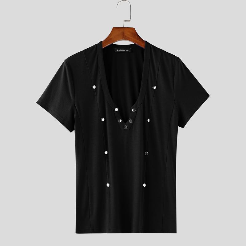 

INCERUN Summer Mens Deep V Neck Short Sleeve Solid Color Skinny T-shirts чорний