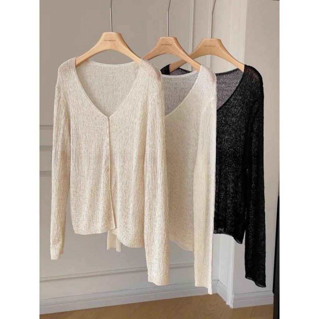 Fashionable Lightweight V-neck Cardigan - Transparent Summer Long Sleeved Shawl, Women's Casual Sexy Style, Elegant Cardigan