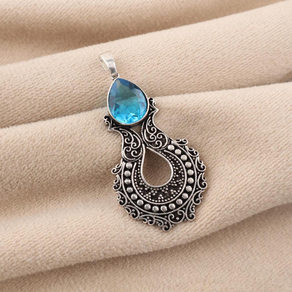 Swiss Blue Topaz Gemstone 925 Sterling Silver Jewelry Long Oxidize Pendant 1.8" For Thanksgiving Gift CP-45-8