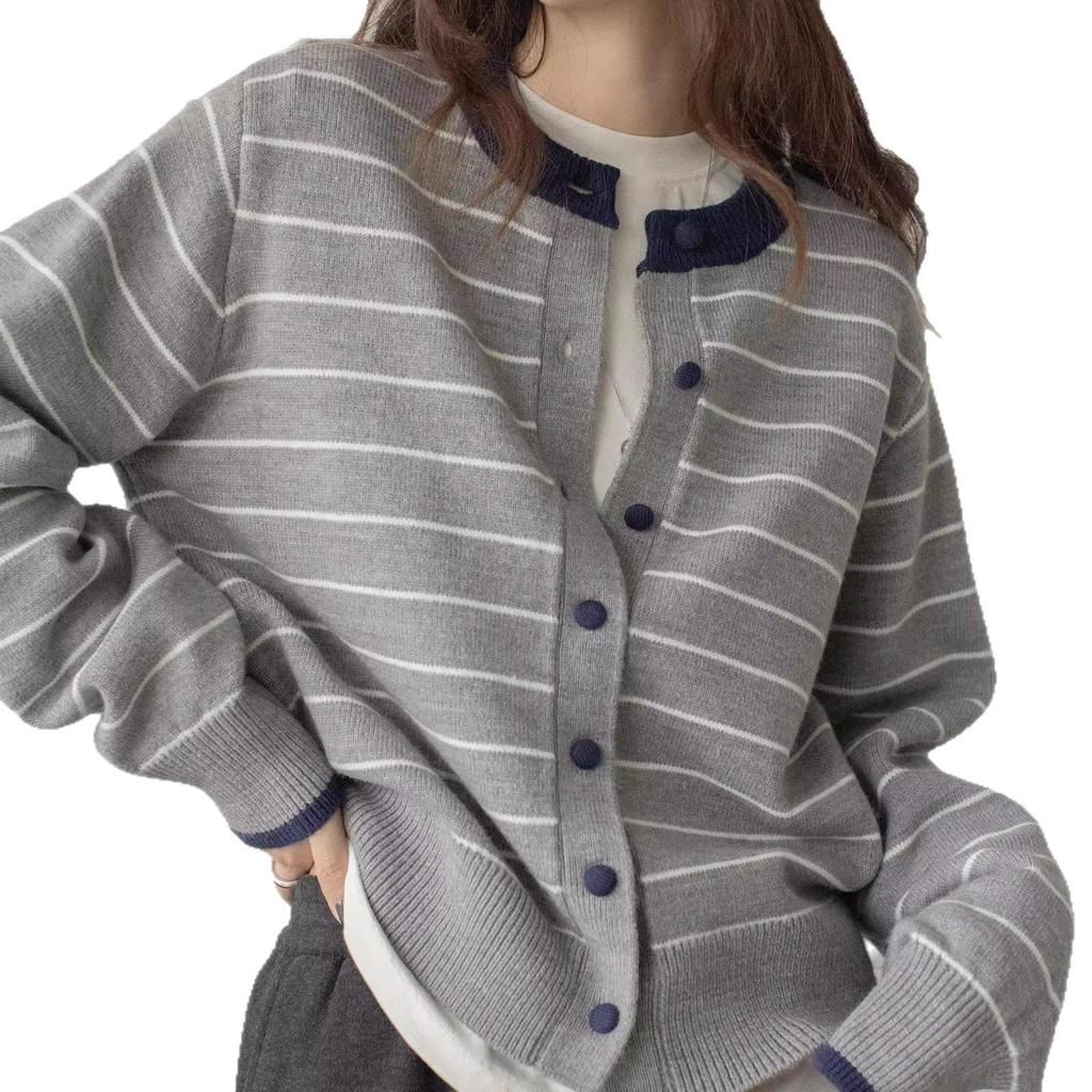 Contrast Round Neck Striped Knit Cardigan: Women's College Style Soft Embroidered Sweater Coat for Autumn/Winter.