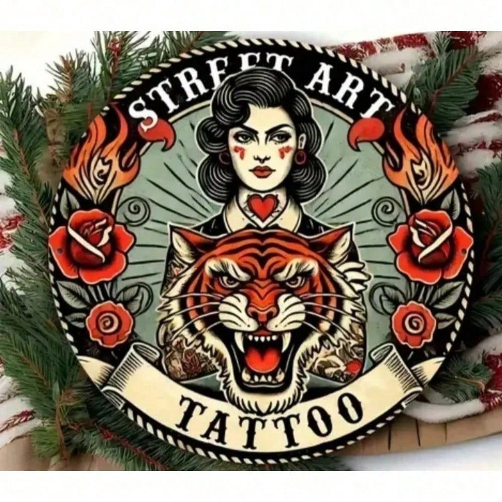 

Retro Tattoo Studio Aluminum Round Sign Metal Wall Art Weatherproof Decor for Man Cave Home Bar Garage Vintage Rustic Business різнокольоровий