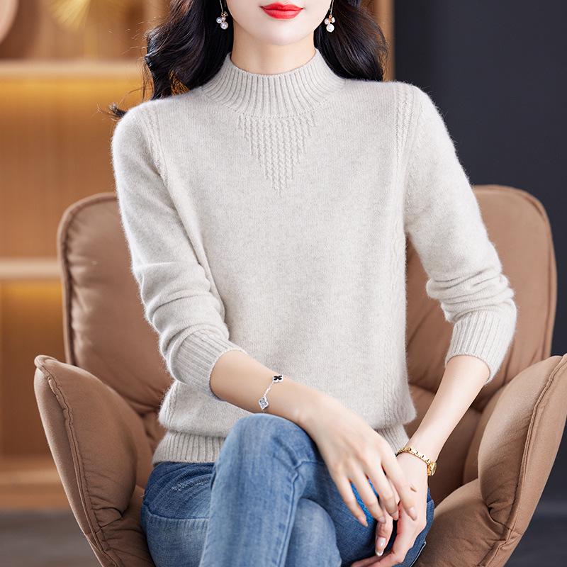 Women's Cashmere Wool Sweater - Autumn Winter, Warm Loose Fit, Half High Collar, Pure Color, Thickened Mother's Wear