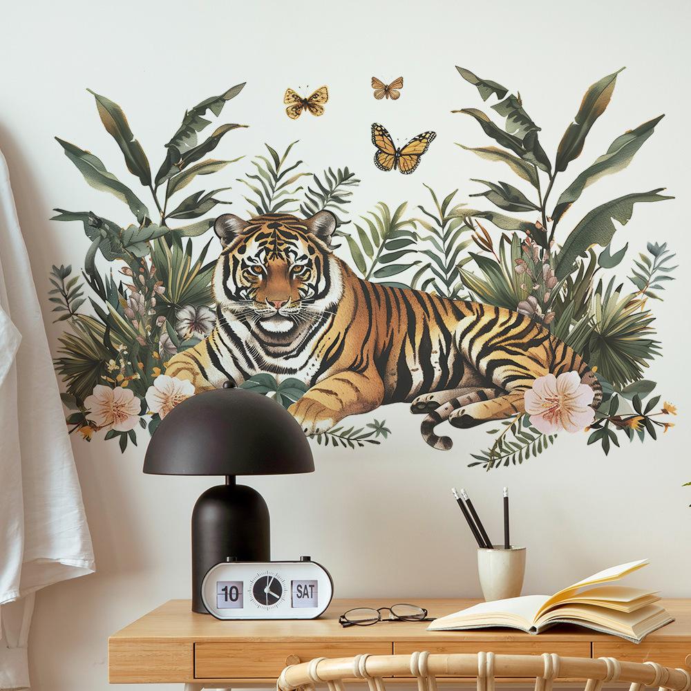 Majestic Jungle Tiger Butterfly Foliage Wall Sticker Self-Adhesive Removable for Bedroom Living Room Study Background Wall Decoration
