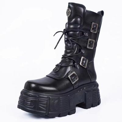 Cyber Rock Damskie Nowe Metalowe Punkowe Tank Lokomotywa Podwyższona Gruba Podeszwa Sznurowane Średniej Długości Kozaki na Platformie Diablo