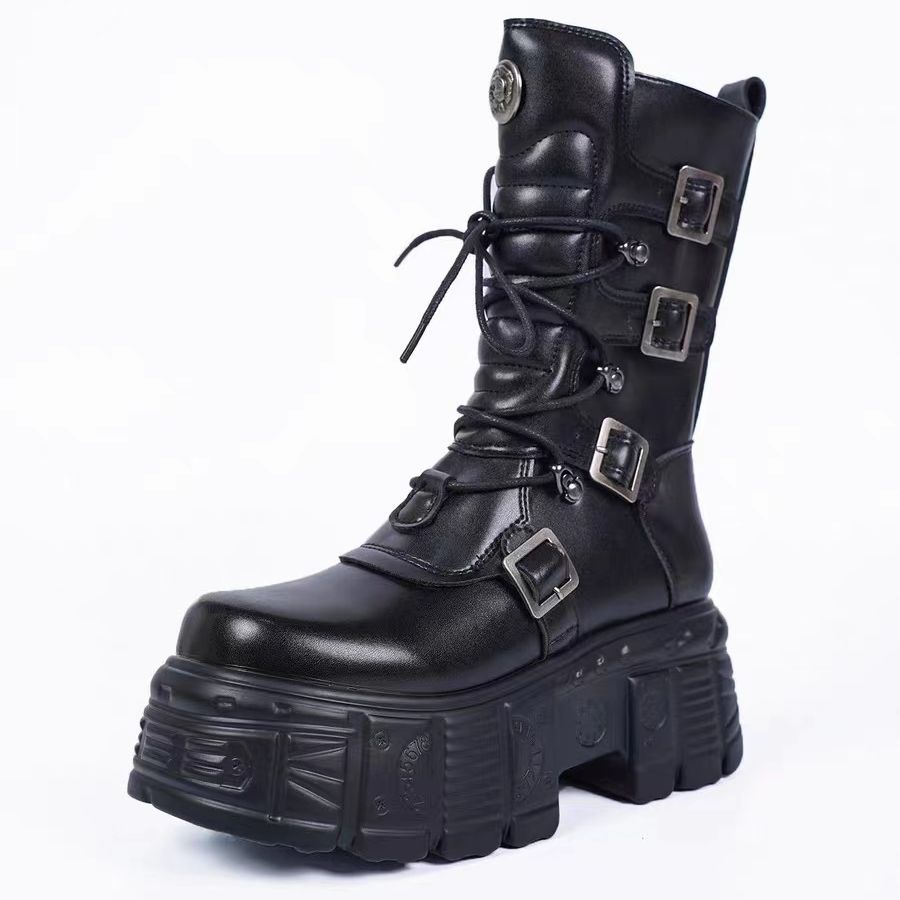 Cyber Rock Women's New Metal Punk Tank Locomotive Heightened Thick Bottomtie Lace Up Medium Tube Diablo Platform Heels Boots