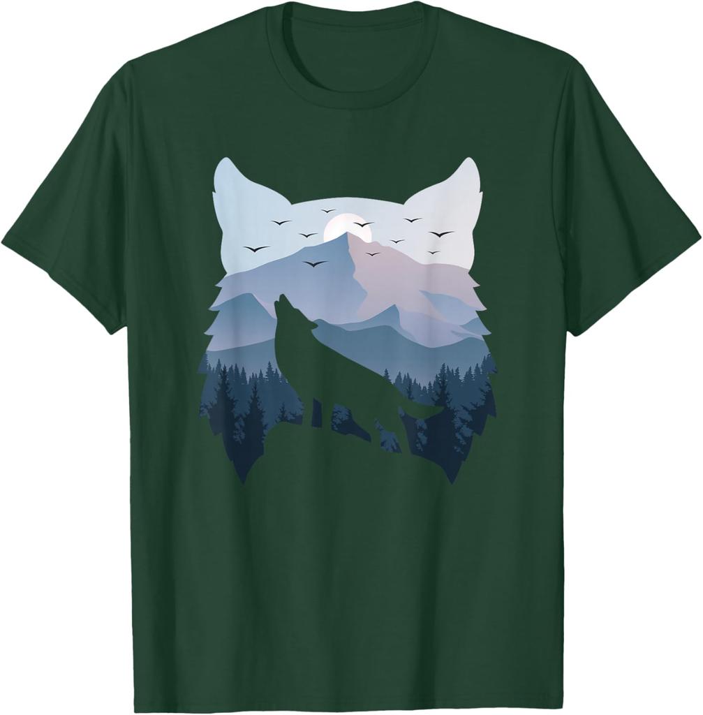 Wolf Howling Mountain Landscape Graphic Tee Men Women Casual Summer Breathable T-Shirt