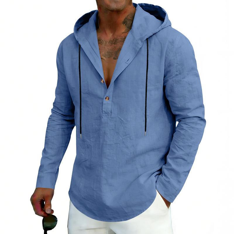 New Men’s Linen Plus-size Hooded Long-sleeved Top – Casual Plain-colour Hoodie