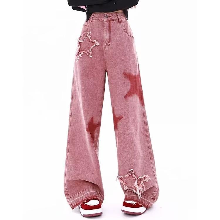 Femei Toamnă Iarnă Talie Înaltă Vintage Tie Dye Jeans Star Pantaloni Largi