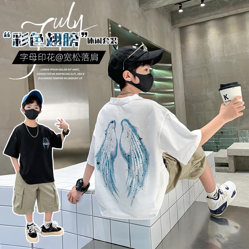 Boys' Summer Short sleeved T-shirt Set 2026 New Summer Mid to Large sized Children's Boys' Summer Style Trendy Brand Wings
