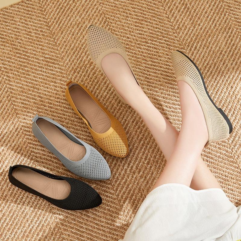Pantofi de vară pentru femei, culoare solidă, cu vârf ascuțit, cu talpă plată, pantofi casual respirabili pentru femei, pantofi din pânză ajurată pentru femei, pantofi simpli franțuzești care nu obosesc picioarele