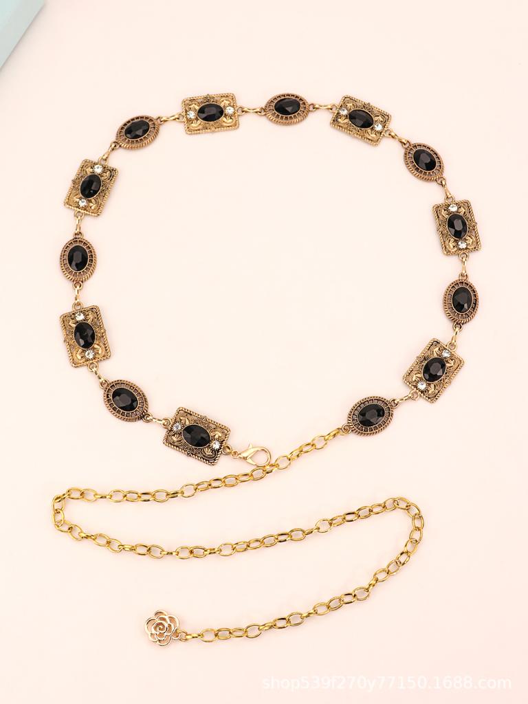 Women's Dress Waist Chain Accessory, Golden & Silver Metal Oval Carved Chain Rhinestone Belt