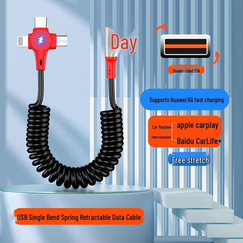 Câble USB Rétractable à Ressort Double Coude 6A Charge Rapide pour Téléphones & Voitures