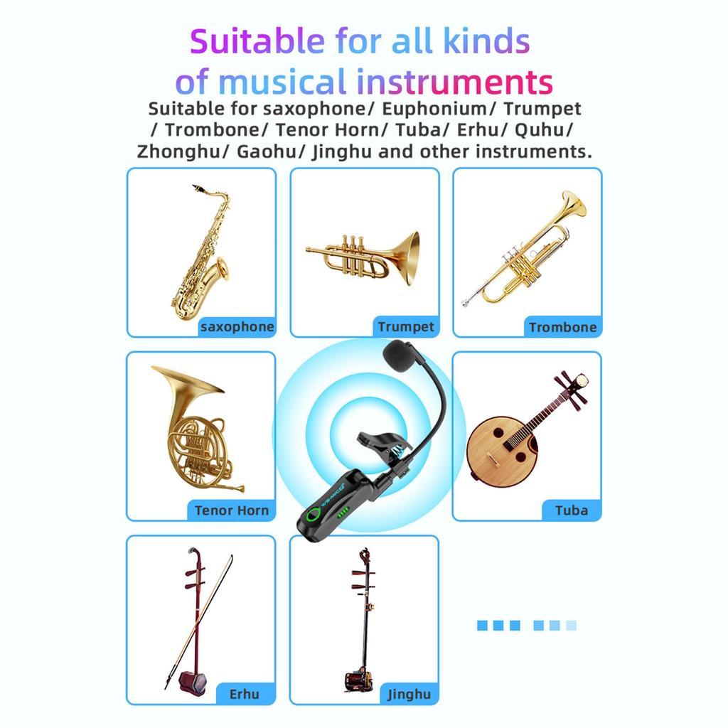 Snsowed Wireless Saxophone Microphone HD Sound Lossless Capture 360-Degree Adjustable Clip Rechargeable for Saxophone Flute Clarinet Performance