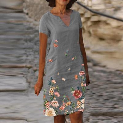 Damen Sommer Blumenmuster Baumwolle und Leinen Kurzarm Midilanges V-Ausschnitt Kleid