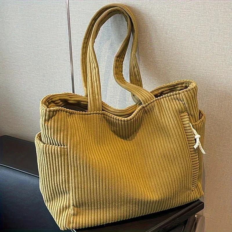 Sac à main décontracté en velours côtelé avec fermeture éclair Léger et grande capacité Bandoulière fixe Couleur unie Sac à main pour le quotidien