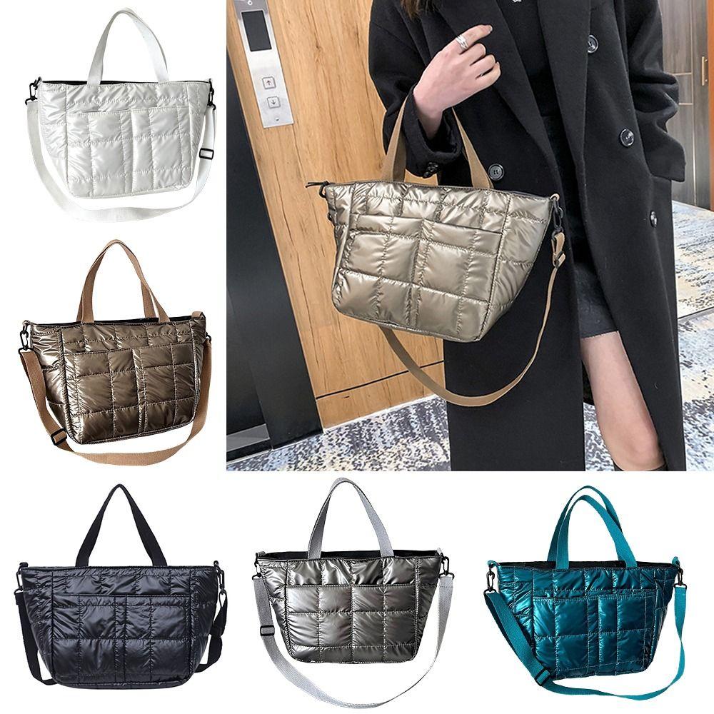 New Large Capacity Down Bags Quilted Design Solid Color Tote Bag Shoulder Bag Winter