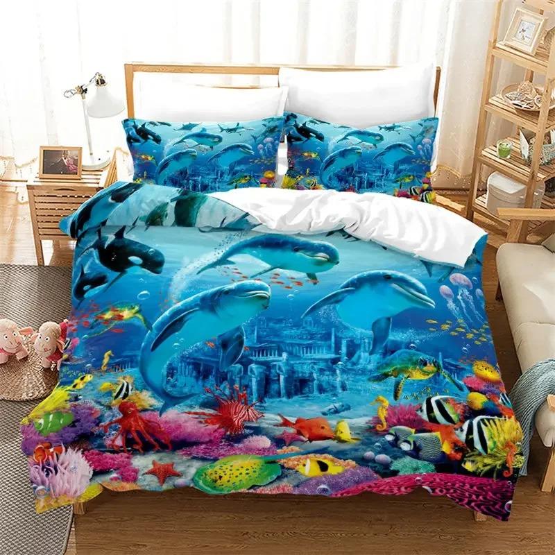 Kids Cartoon Ocean Fish Duvet Cover Microfiber Marine Theme Bedding Set Sea Underwater World Quilt Cover Queen For Boys Girls