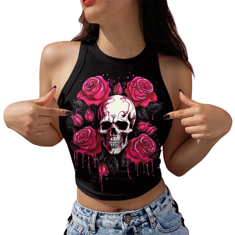 Halloween women's top new skull digital printing sleeveless off-the-shoulder short vest women's clothing