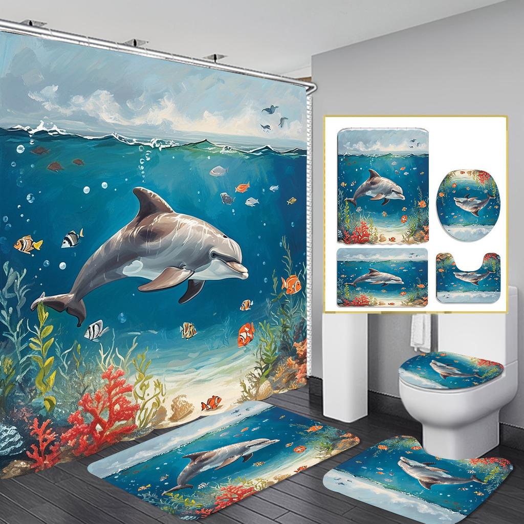 Christmas Shower Curtain Four-Piece Non-Punching Partition Curtain Digital Printing Bathroom Dress