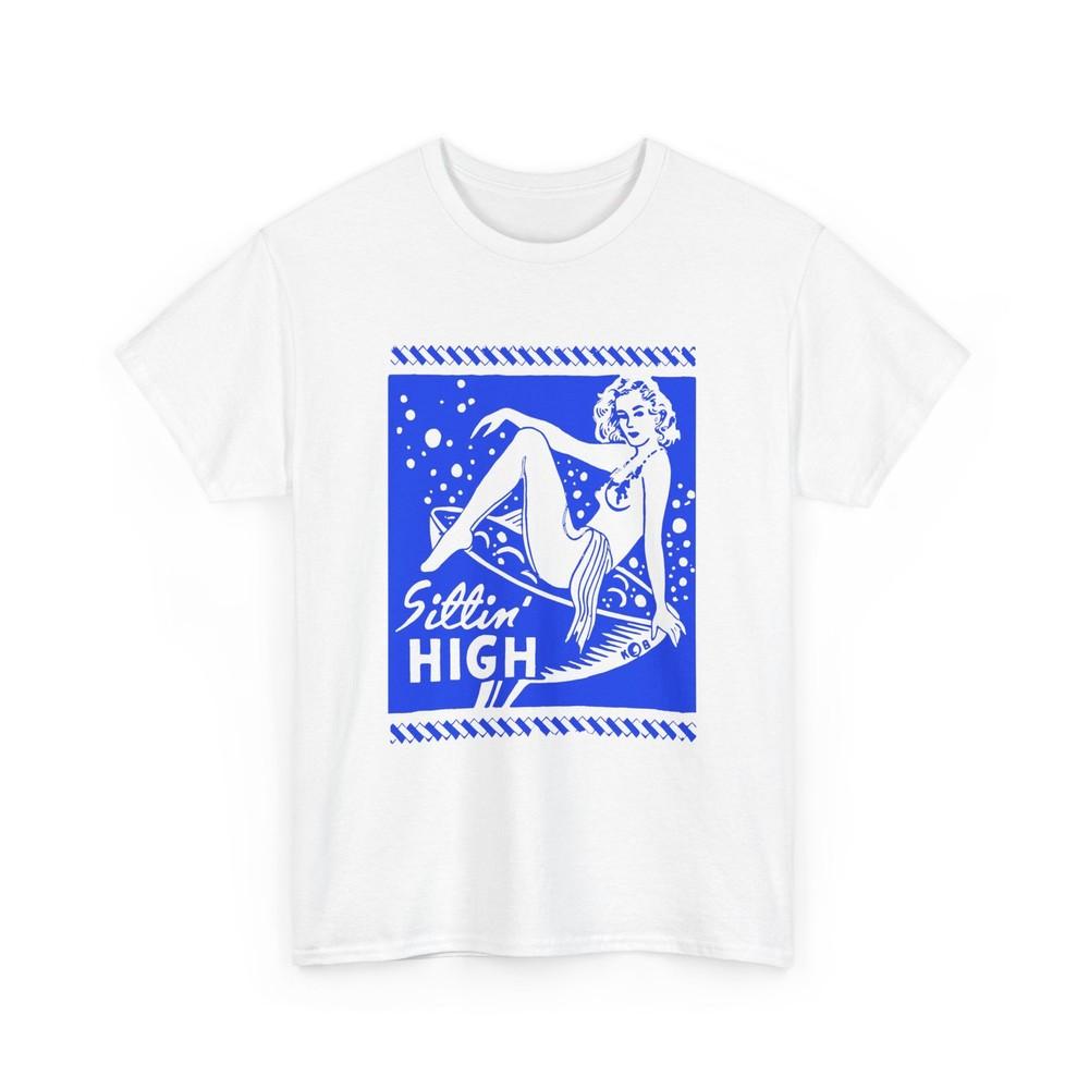 

vintage matchbox graphic sittin high woman on martini glass reproduction tshirt L